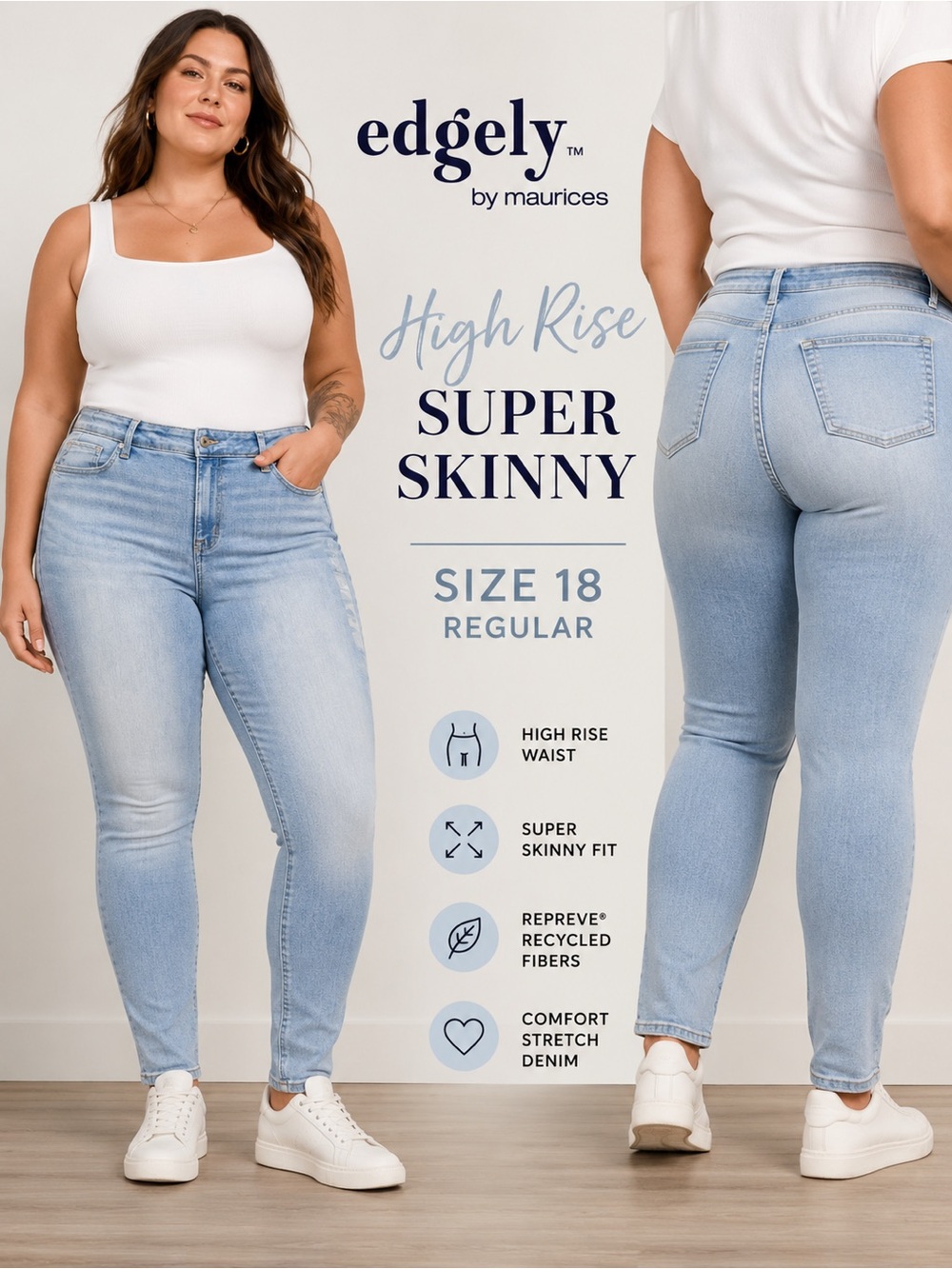 NWT Edgely by Maurices High Rise Super Skinny Jeans Light Wash Size 18 Regular